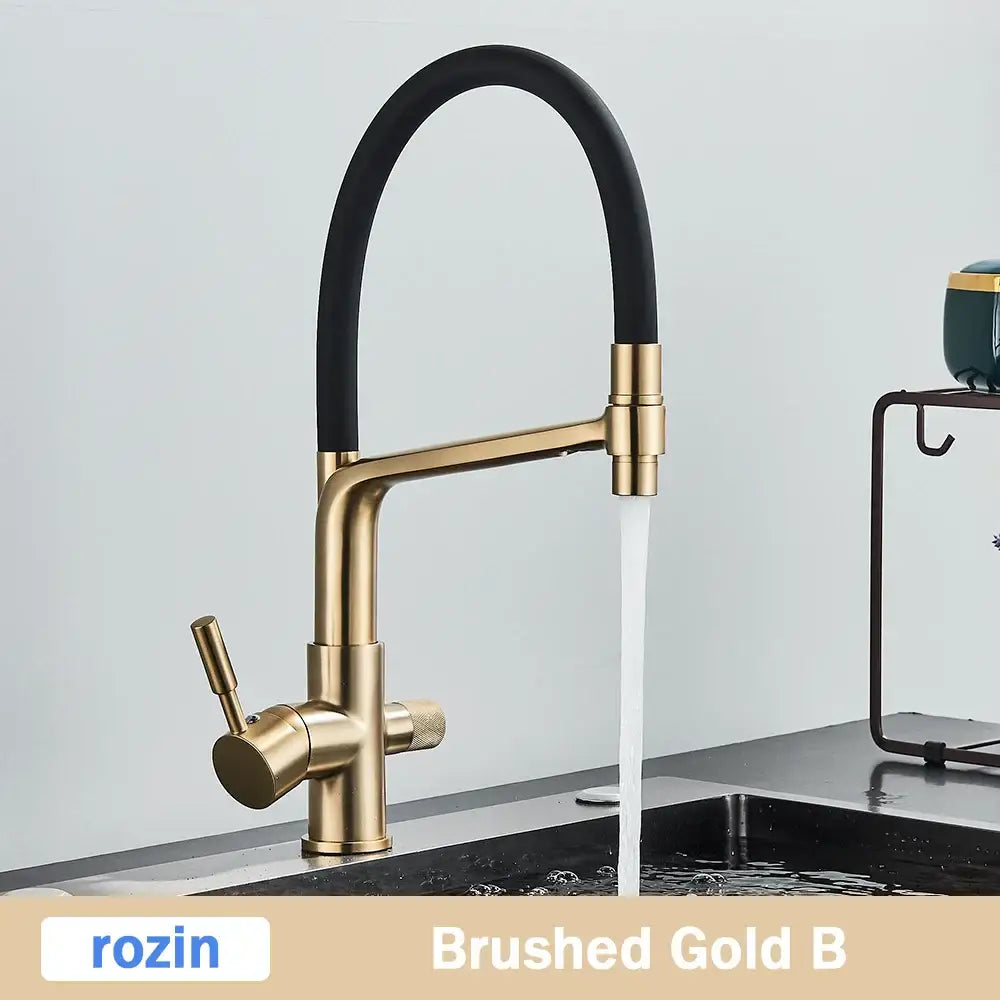 Modern brushed gold swivel kitchen faucet with black rubber hose