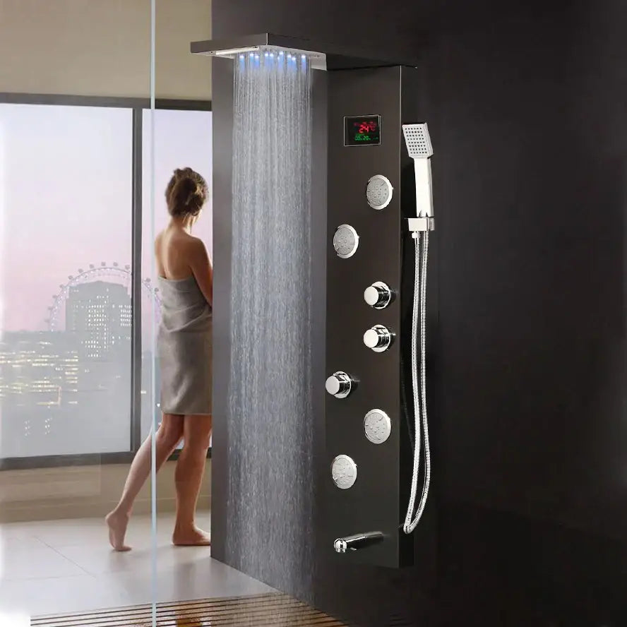 Modern brushed nickel shower panel with led display for bathroom