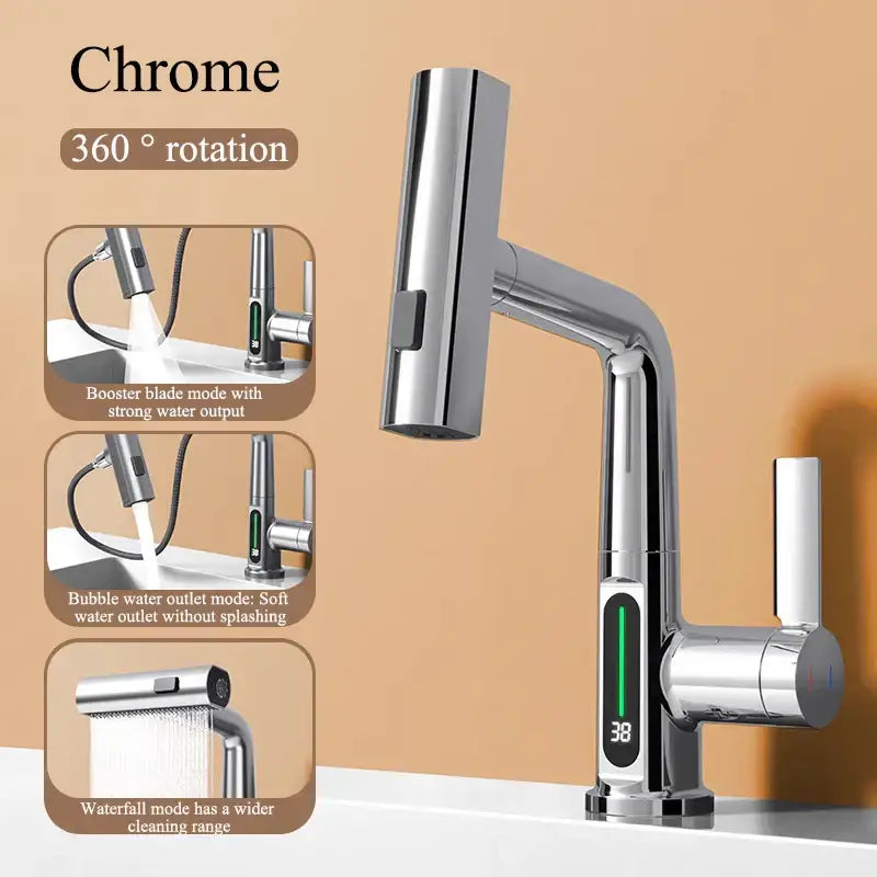 Modern brushed stainless steel digital display waterfall basin faucet