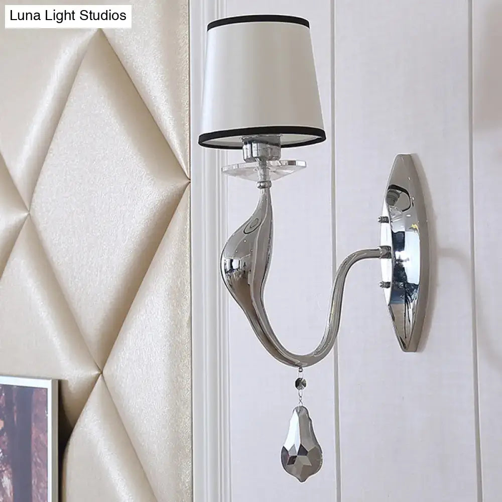 Modern chrome wall lamp with fabric shade and crystal – living room