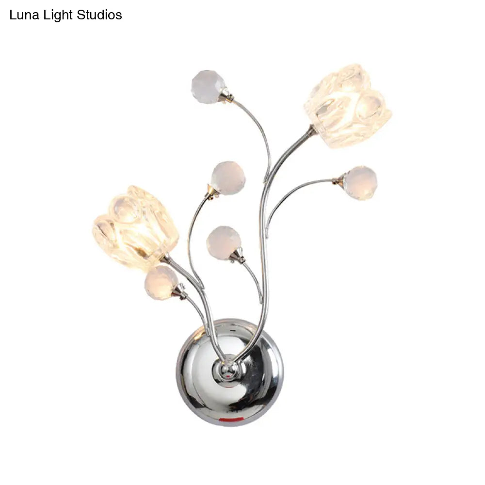 DecorBites™ Modern Clear Crystal Chrome Wall Lamp with Swirling Arm and Flower Shade- 2 Bulbs Surface Sconce