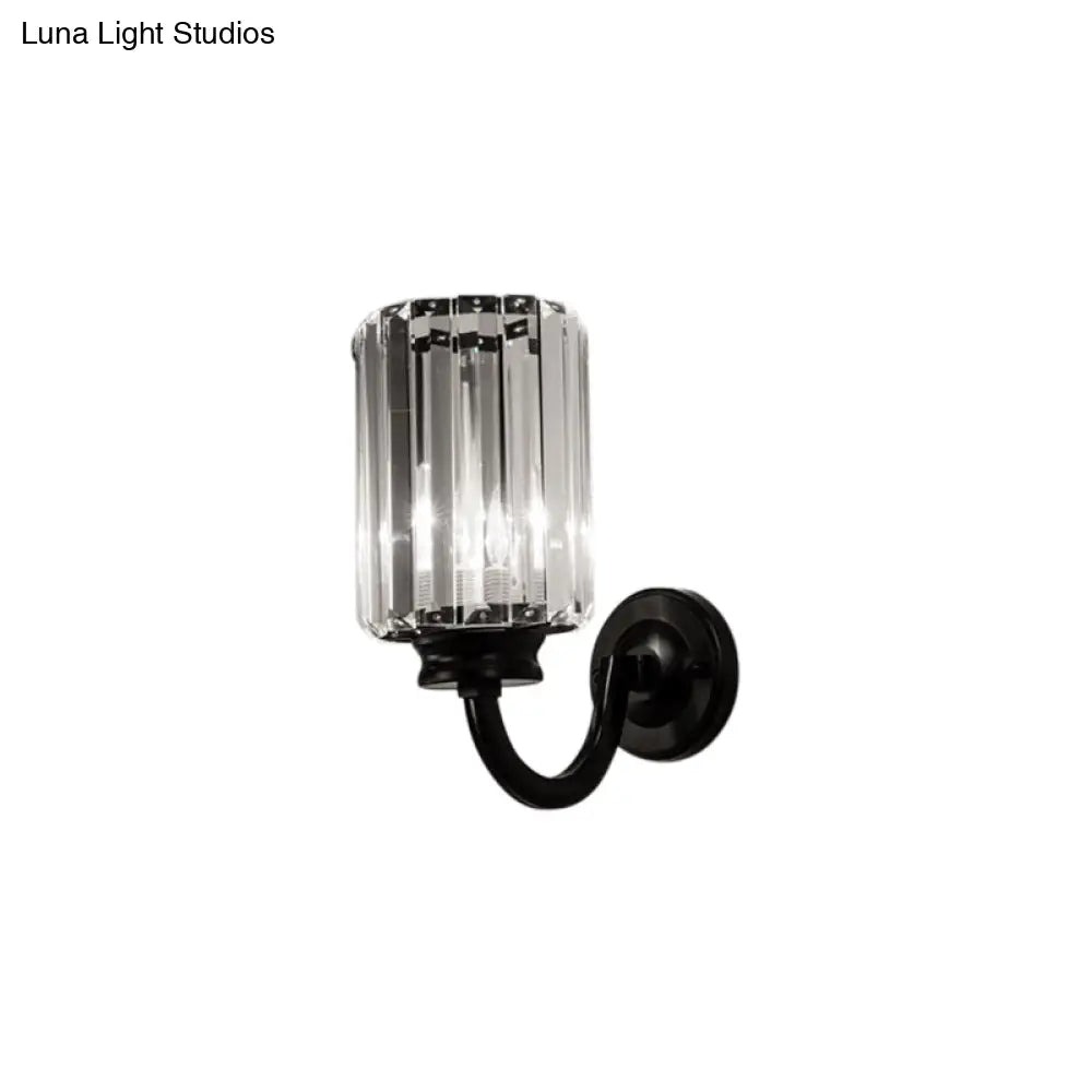 DecorBites™ Modern Clear Crystal Drum Wall Lamp with Metal Curved Arm - Black Sconce Light Fixture