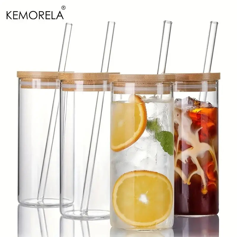 Modern clear glass tumbler cups with bamboo lids 4-piece kitchen set