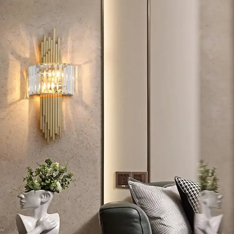Modern crystal gold wall lamp bedroom sconce with glass shade