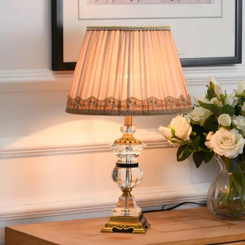 Modern crystal table lamp – bedroom gold and cream lace light