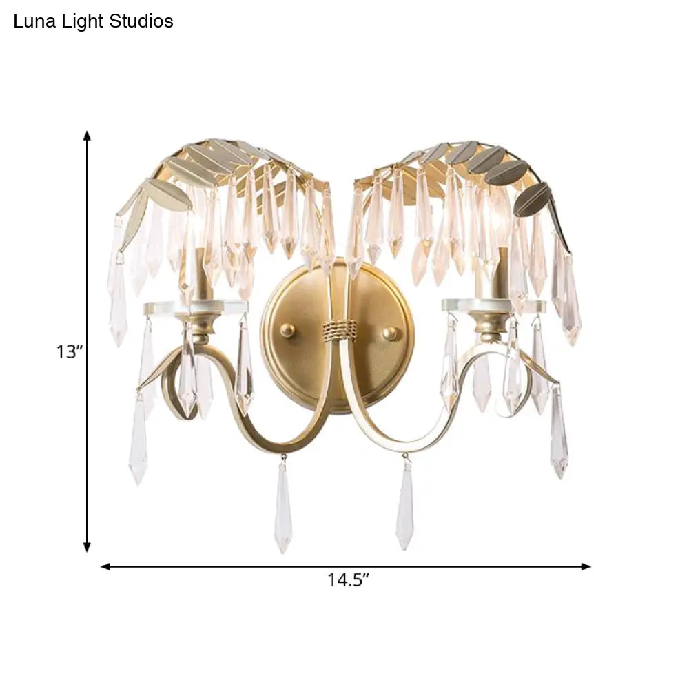 DecorBites™ Modern Crystal Wall Sconce Light with Bent Arm - 2 Lights, Brass Finish - Perfect for Bedroom