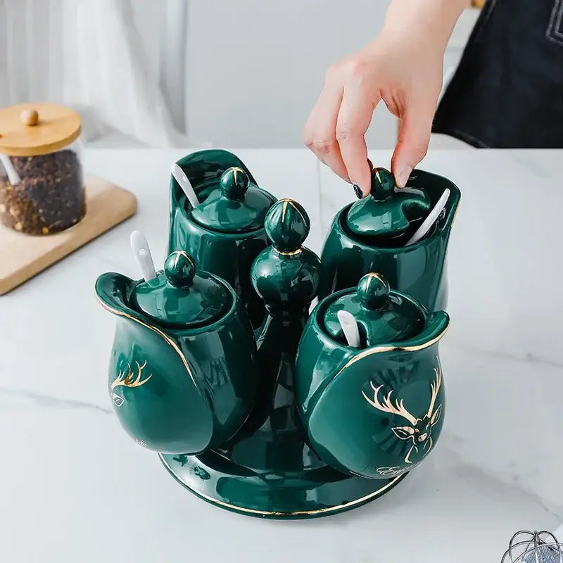 Modern deep green ceramic seasoning set with rotatable spice jar kitchen