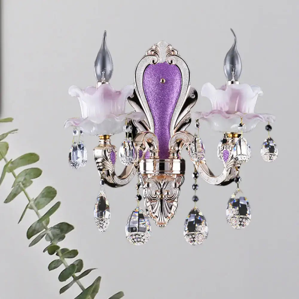 Modern frosted glass purple wall sconce with teardrop crystal bedroom