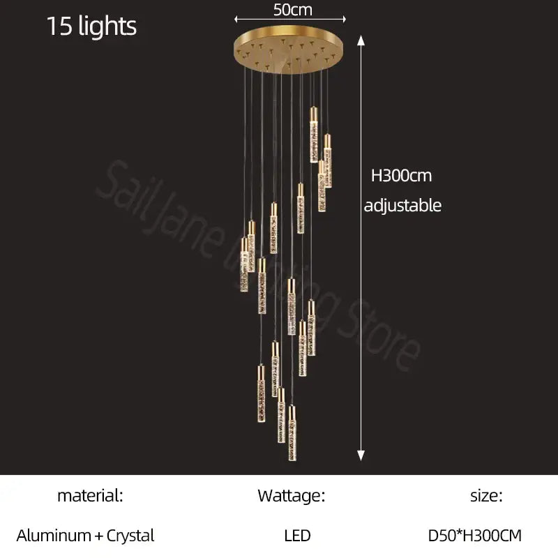 Modern gold and crystal cylindrical stair chandelier living room