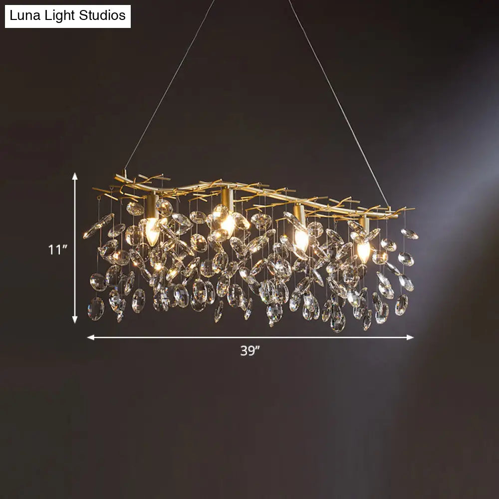 DecorBites™ Modern Gold Branching Island Hanging Lamp with Crystal Droplets - 4-Bulb Metallic Pendant Light