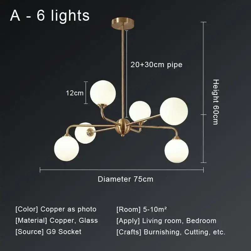 Modern gold copper ceiling chandelier living room glass globe light