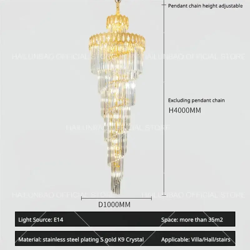 Modern gold crystal stair long chandelier living room light