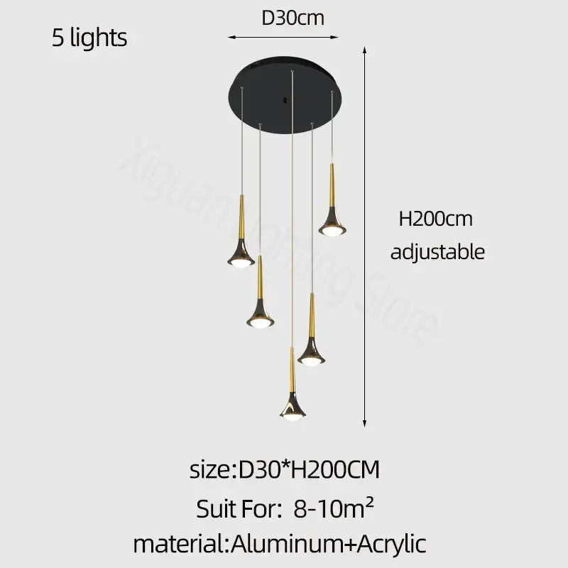 Modern gold elegant horn-shaped chandelier for staircase living room