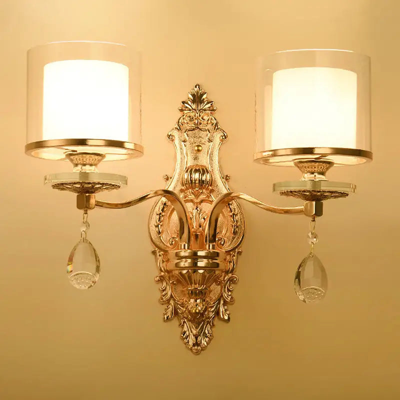 Modern gold frosted glass wall lamp bedroom ornate crystal sconce