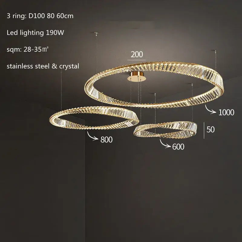 Modern gold plated steel ring pendant lamp for dining room crystal