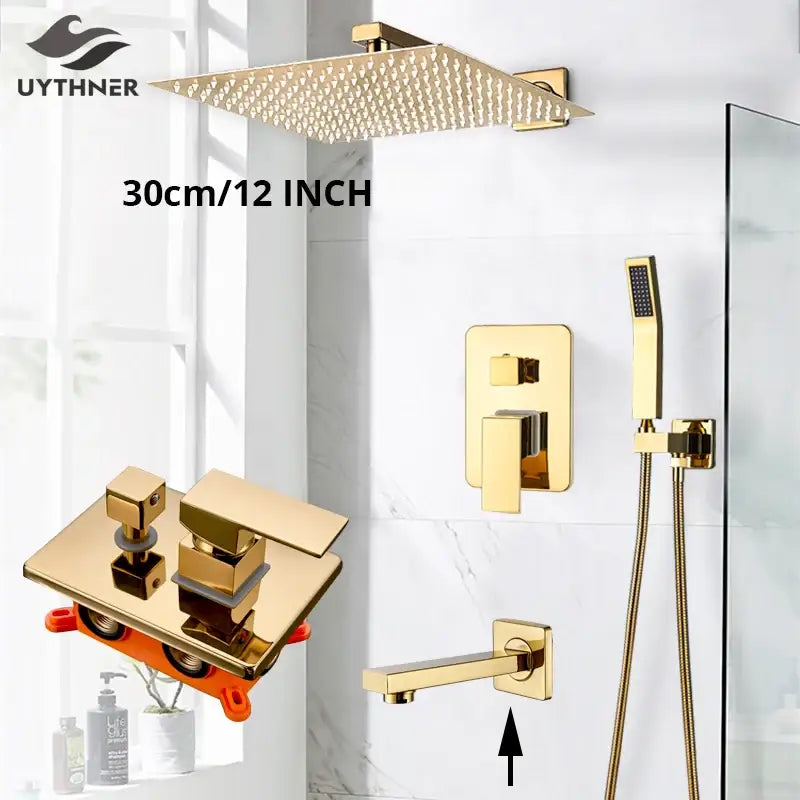 Modern gold rainfall shower system with handheld sprayer bathroom set