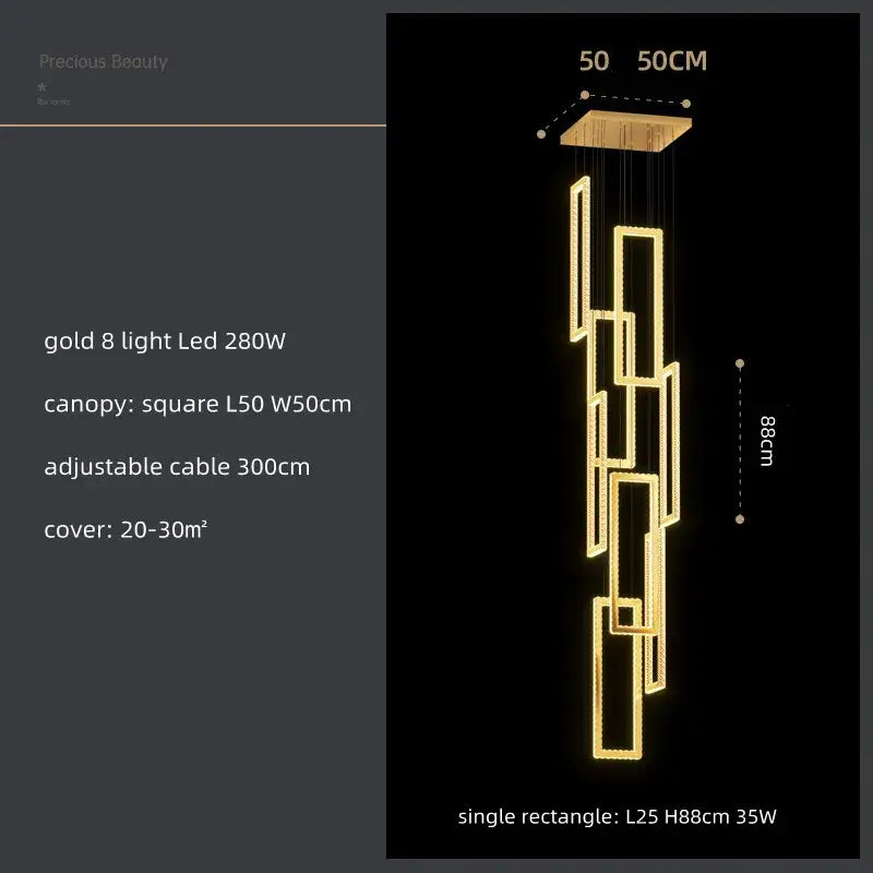 Modern gold rectangular crystal led pendant light for stairs
