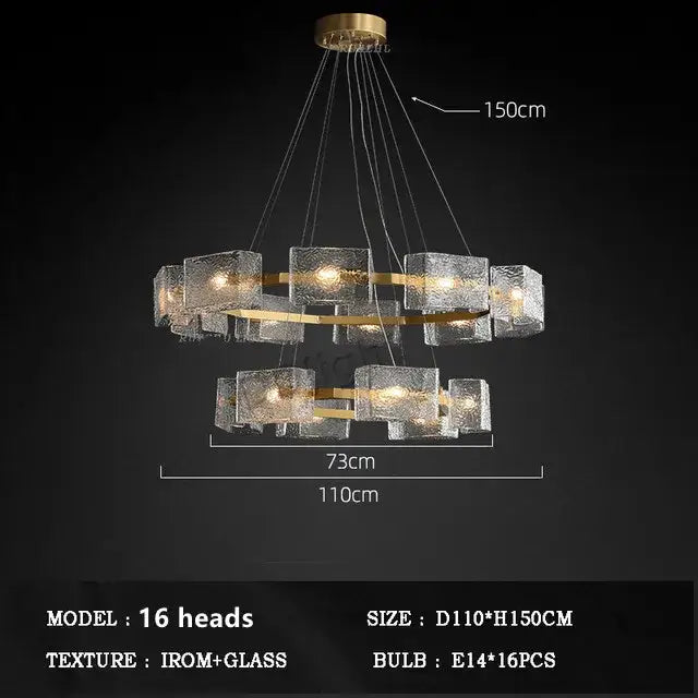 Modern gold textured glass crystal chandelier living room light