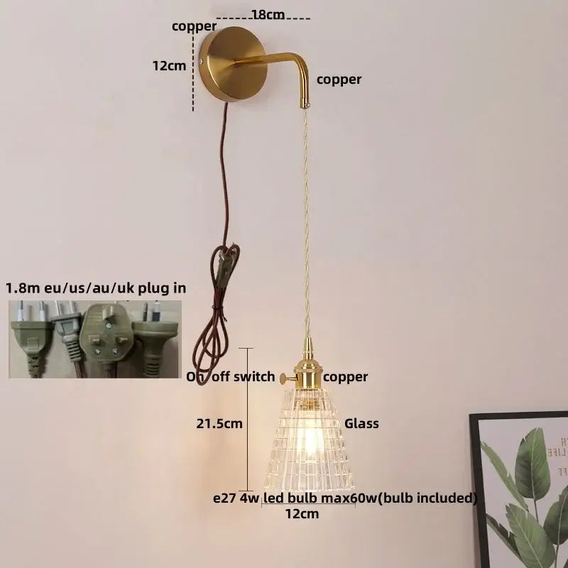 Modern gold wall lamp with clear glass shade – bedroom pull chain