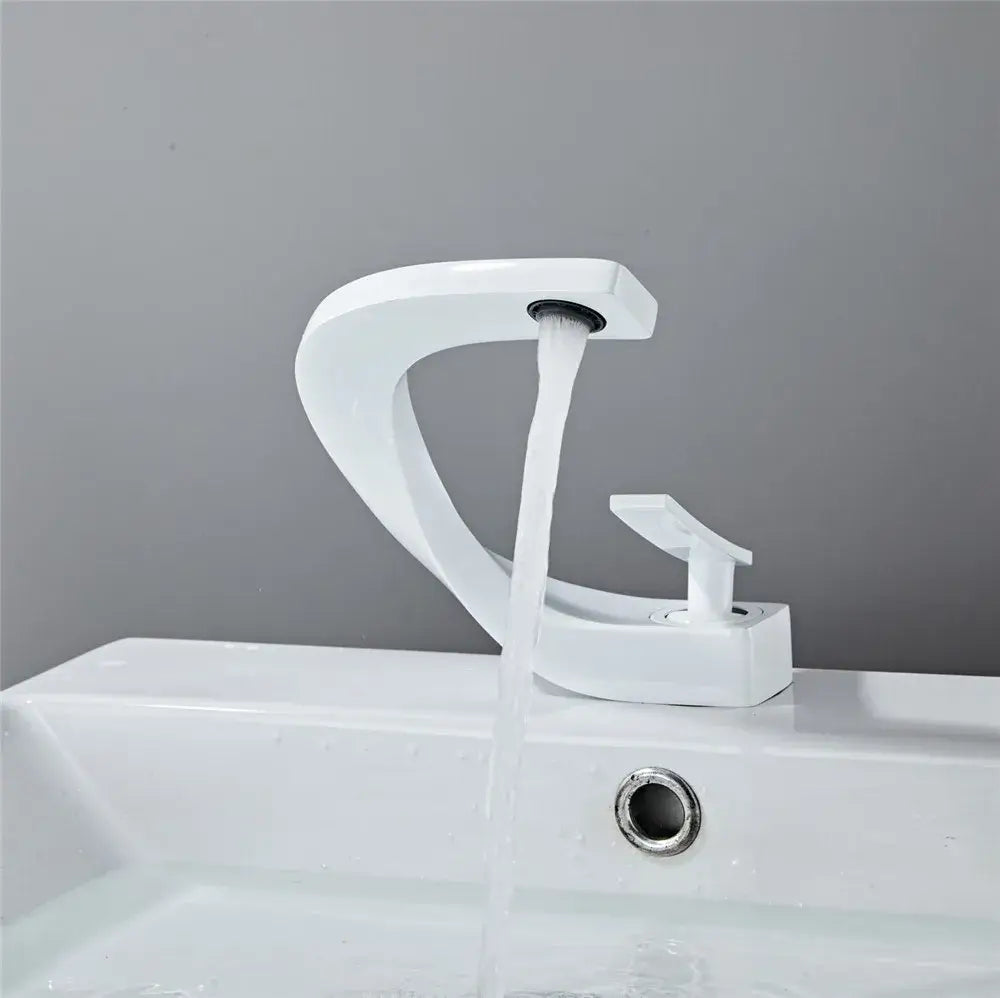 Modern gold & white bathroom basin faucet with curved spout