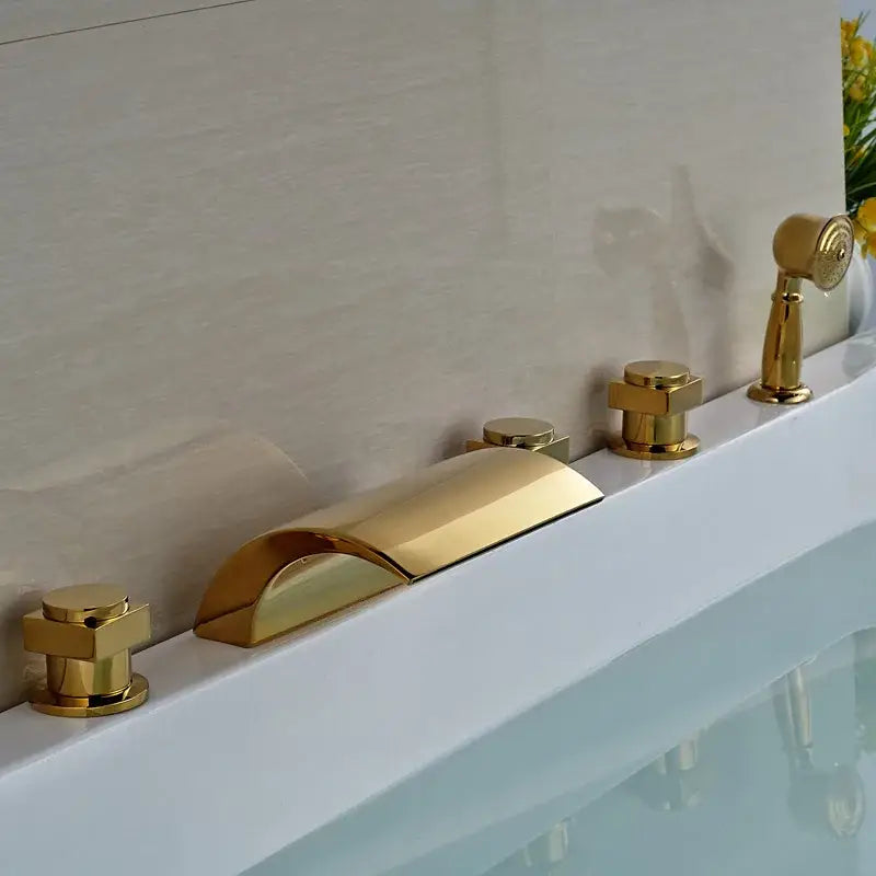Modern golden brass bathtub faucet with handheld shower bathroom fixture