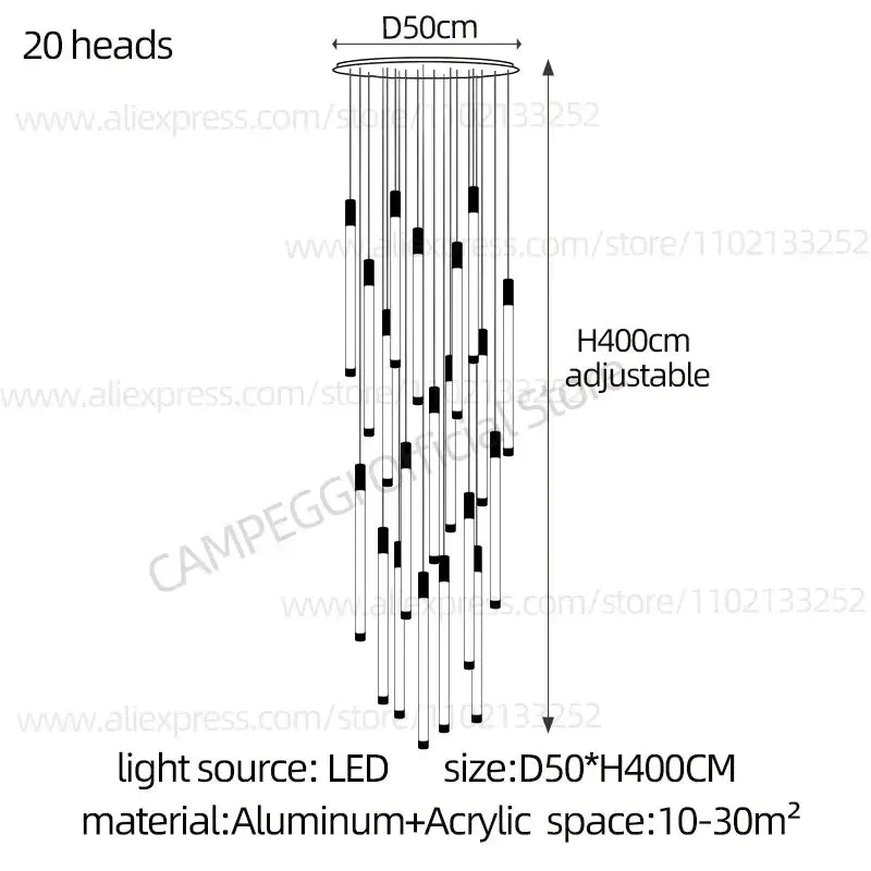 Modern golden tube chandelier staircase led glass light