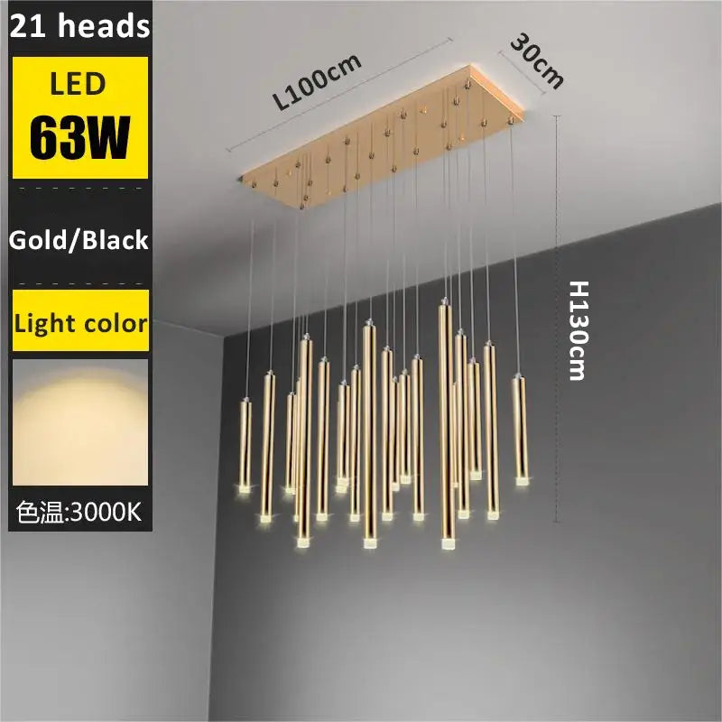 Modern golden tube led chandelier living room pendant light
