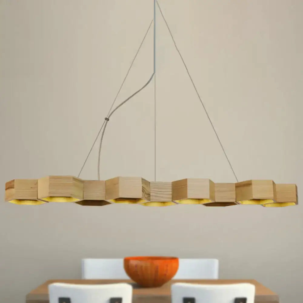 Modern hexagonal wood and gold ceiling light fixture for living room