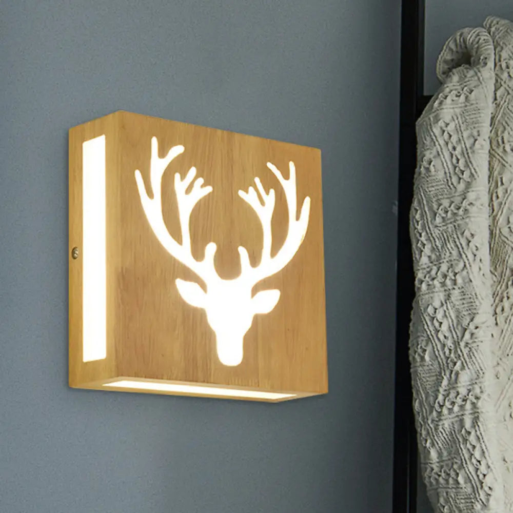 DecorBites™ Modern LED Wood Square Wall Sconce: Beige Bedside Light with Cute Pattern