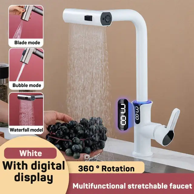 Modern matte black digital display waterfall kitchen sink faucet