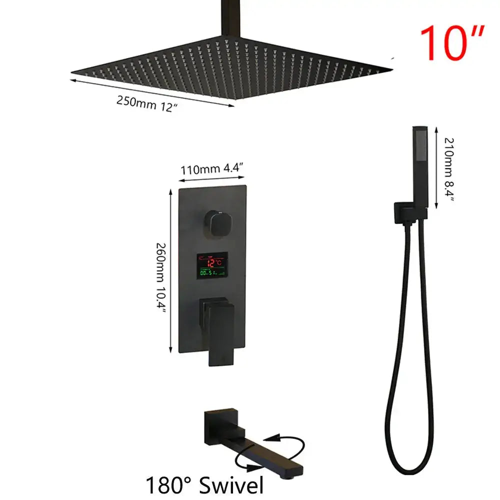 Modern matte black digital shower faucet bathroom rainfall system