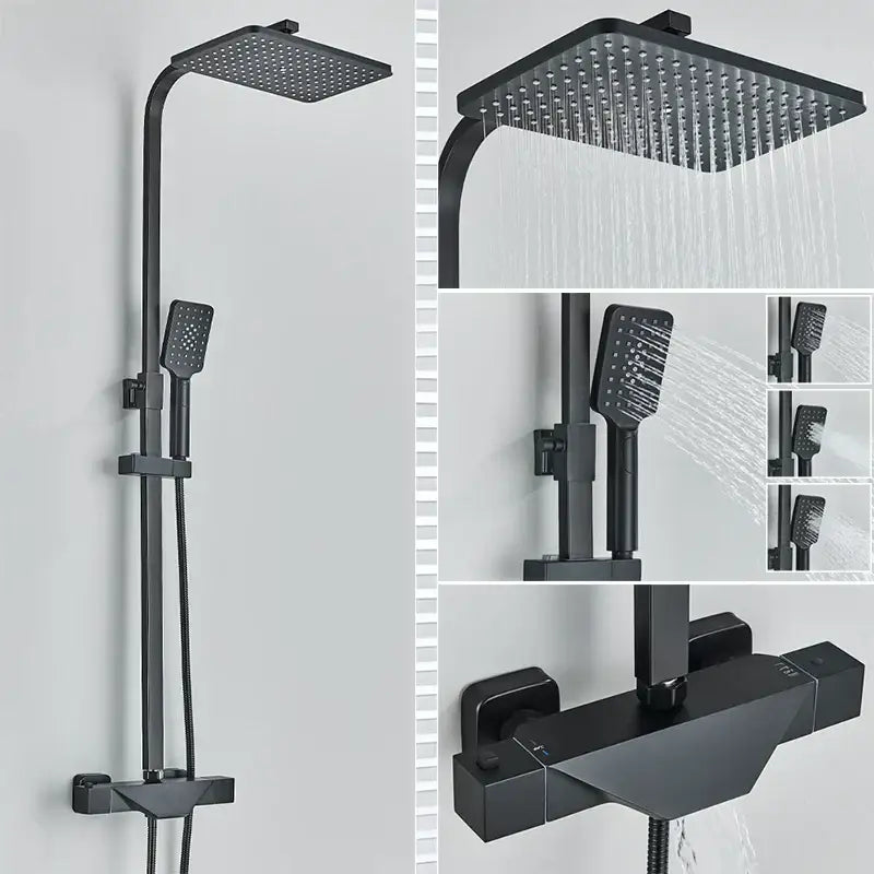 Modern matte black thermostatic shower faucet system for bathroom