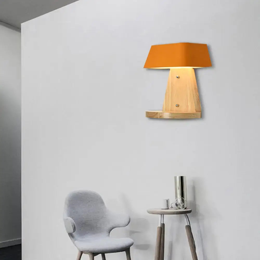 Modern metal trapezoid wall sconce with wooden backplate living room