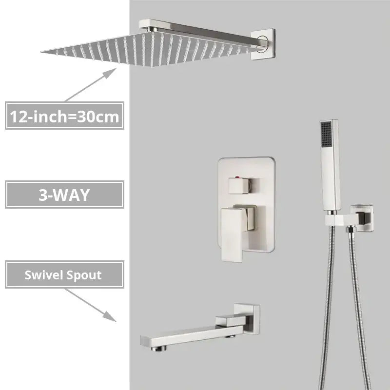 Modern minimalist brushed nickel shower system with rain shower head bathroom