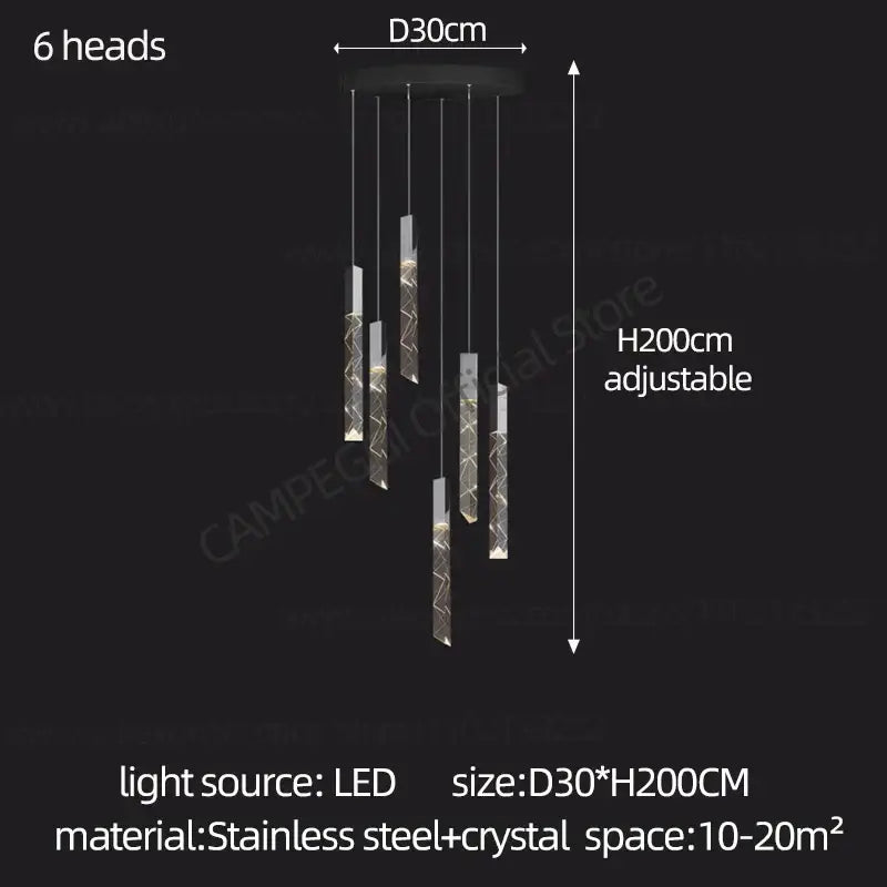 Modern minimalist crystal chrome led chandelier stairwell pendant light