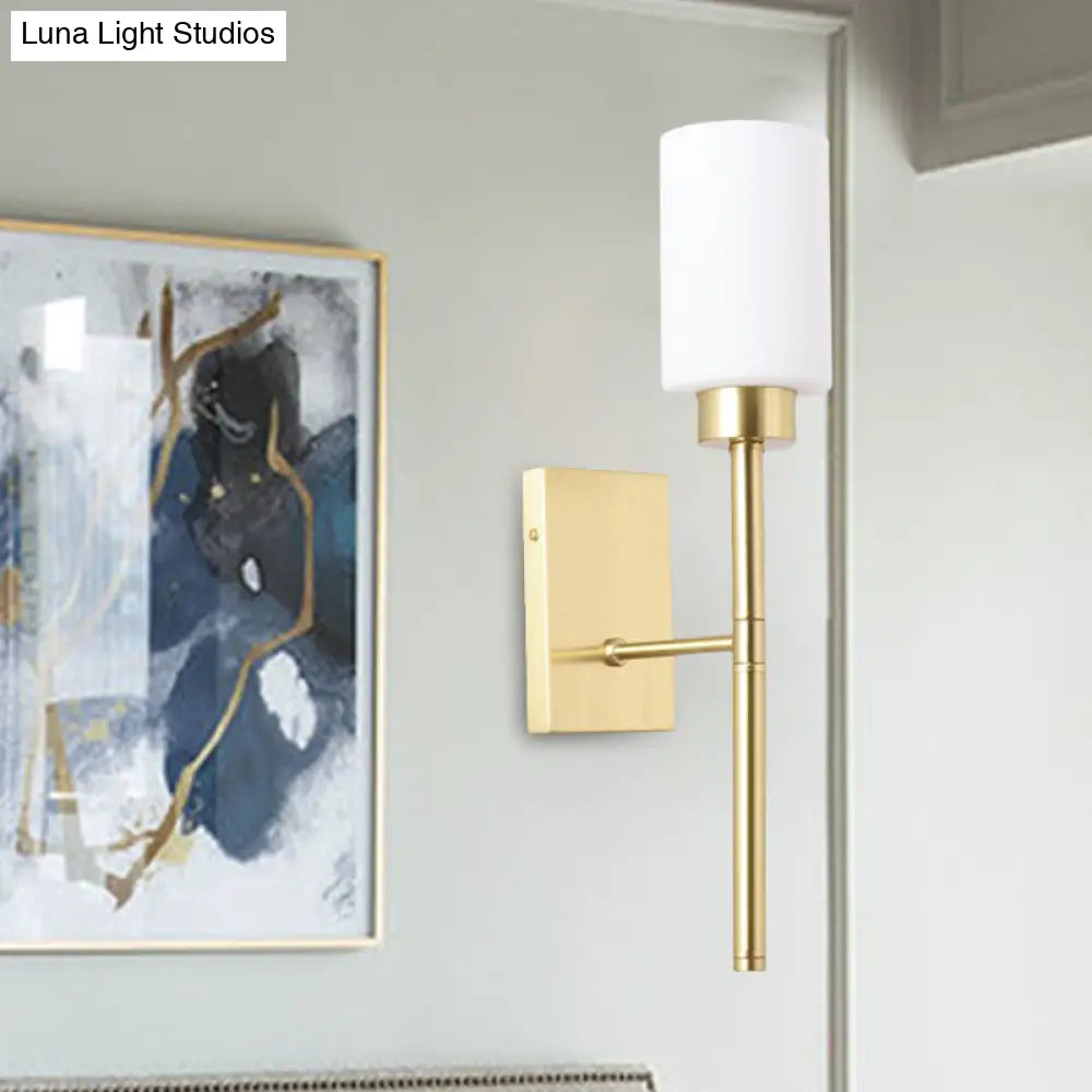 DecorBites™ Modern Opal Glass Tube Sconce - 1 Bulb Wall Light in Brass with Metal Pencil Arm