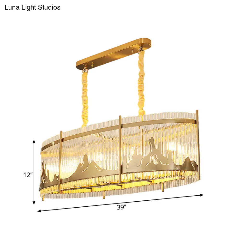 DecorBites™ Modern Oval Crystal Rod Island Pendant Lamp with Gold Carved Mountain Pattern