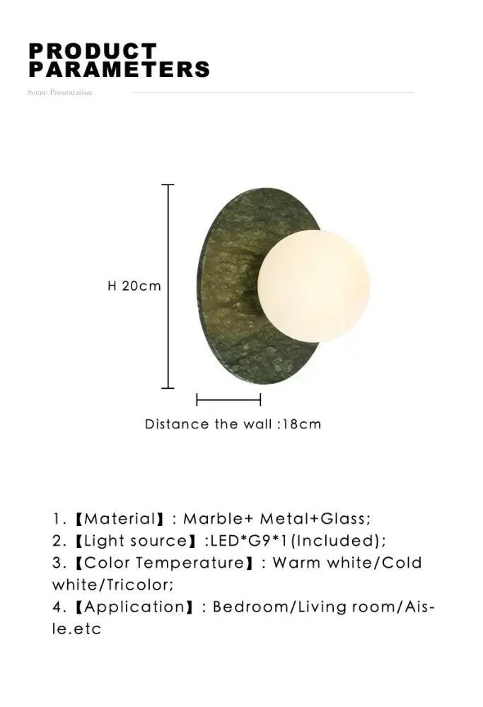 Modern oval green marble wall lamp living room sconce