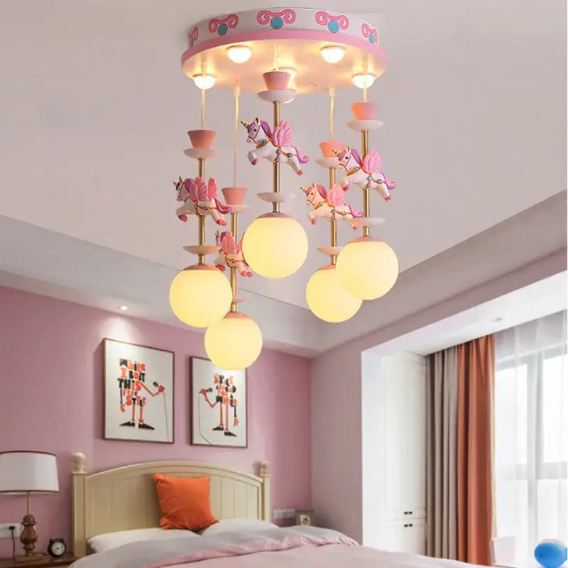Modern pink & gold unicorn led chandelier – girls' bedroom light