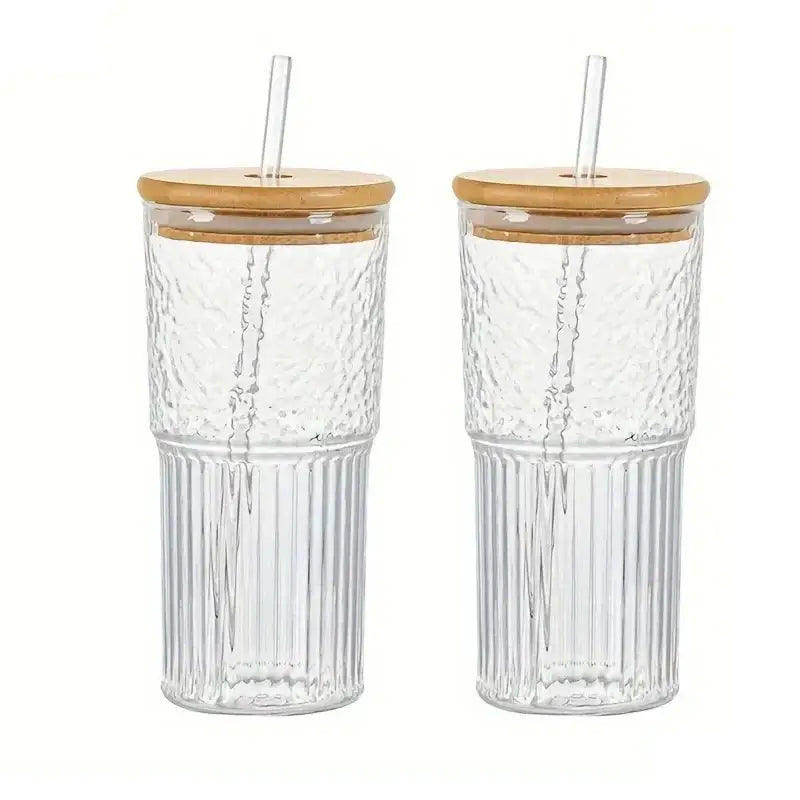 Modern ribbed glass cup with lid and straw kitchen drinking glass