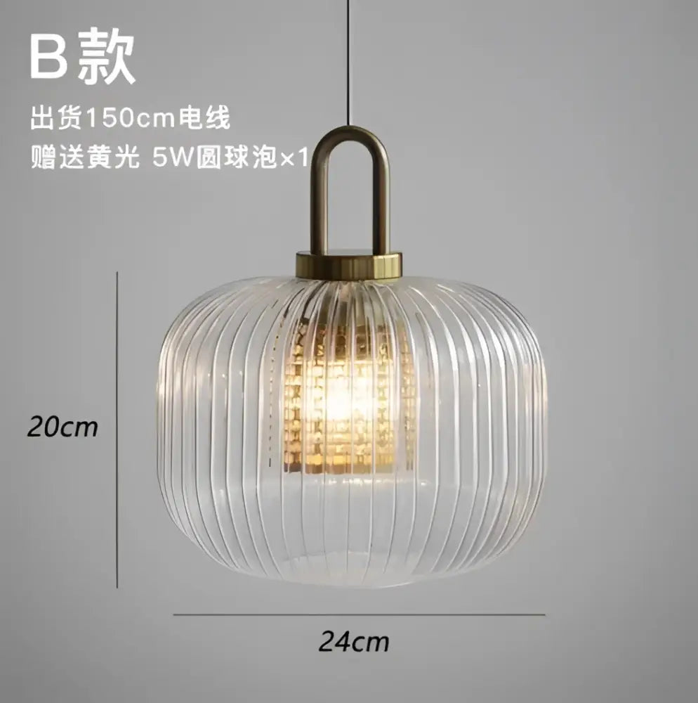 Modern ridged clear glass pendant lamp bedroom brass lighting