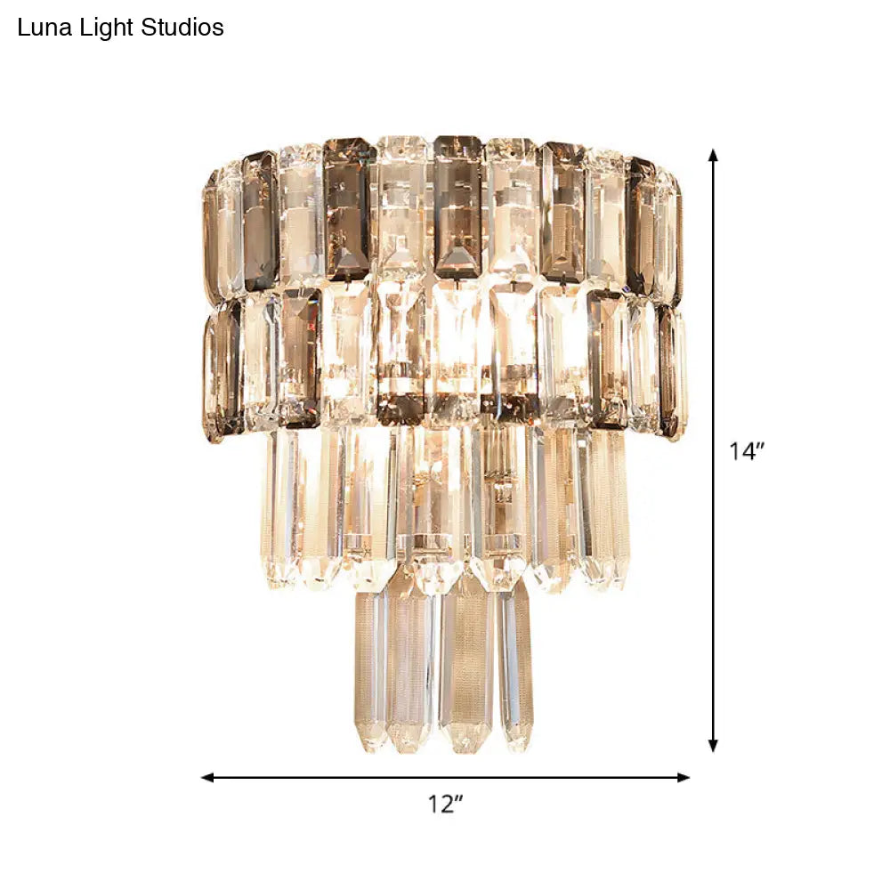 DecorBites™ Modern Smoke Gray Crystal Sconce: Layered Design, 2-Bulb Wall Mounted Light Fixture for Living Room