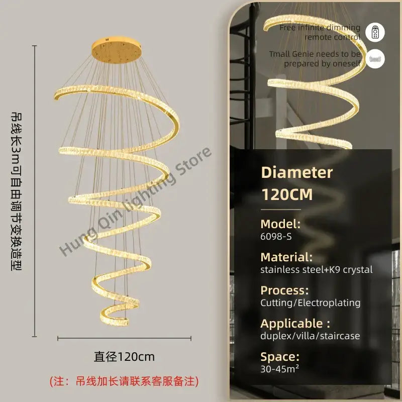 Modern spiral crystal pendant chandelier for living room lighting