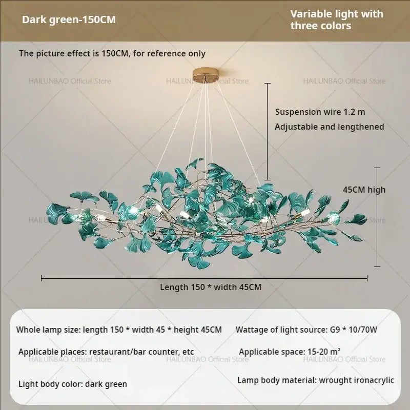 Modern teal glass gingko leaf chandelier dining room art decor