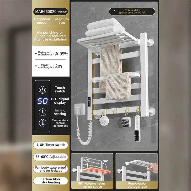 Modern white and gold electric towel radiator – bathroom storage shelf