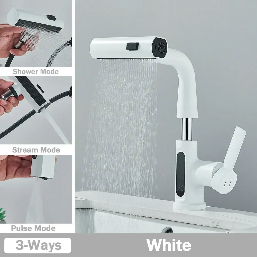 Modern white digital display basin faucet bathroom pull out shower head