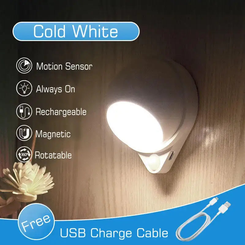 Modern white motion sensor rotating magnet night light for bedroom