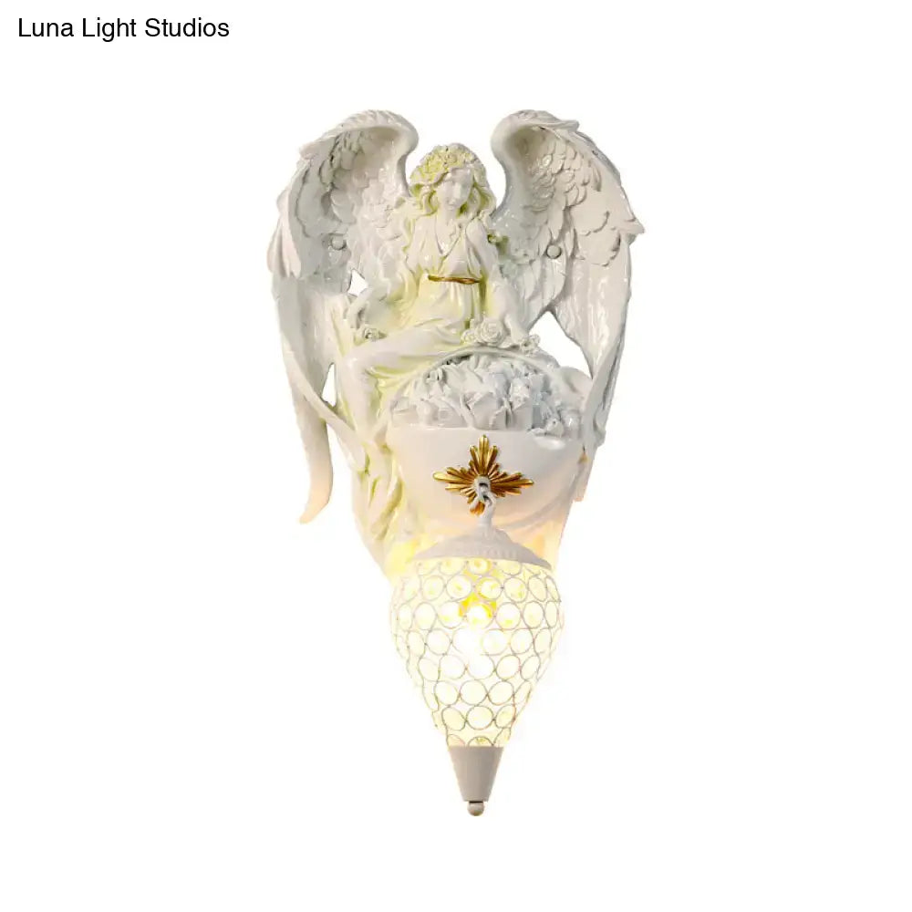 Modern white resin angel wall light with crystal shade bedroom