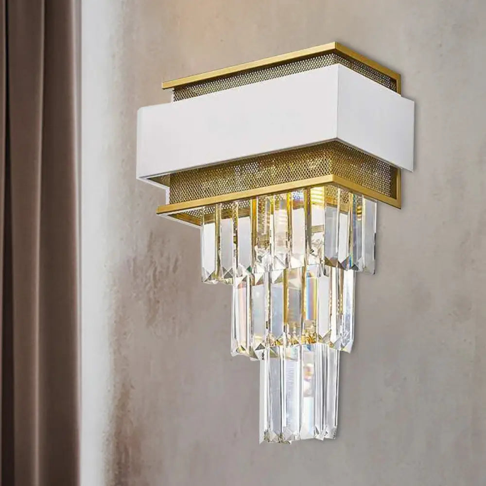 DecorBites™ Modern White Square/Round Crystal Prisms Wall Sconce with Gold Mesh