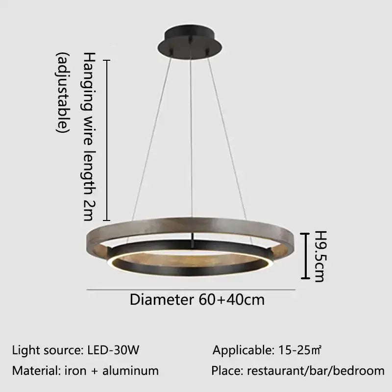 Modern wood and black double circular led chandelier dining room